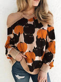 Off-The-Shoulder Cat Pumpkin Round Neck Slim Knit Sweater