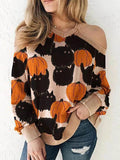 Off-The-Shoulder Cat Pumpkin Round Neck Slim Knit Sweater