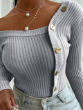 Off-The-Shoulder Stitching Button Sweaters