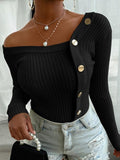 Off-The-Shoulder Stitching Button Sweaters