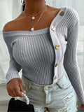 Off-The-Shoulder Stitching Button Sweaters