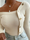 Off-The-Shoulder Stitching Button Sweaters