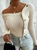 Off-The-Shoulder Stitching Button Sweaters