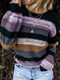 Round Neck Contrast Stitching Long Sleeve Striped Knitted Sweater