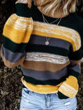 Round Neck Contrast Stitching Long Sleeve Striped Knitted Sweater