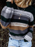 Round Neck Contrast Stitching Long Sleeve Striped Knitted Sweater